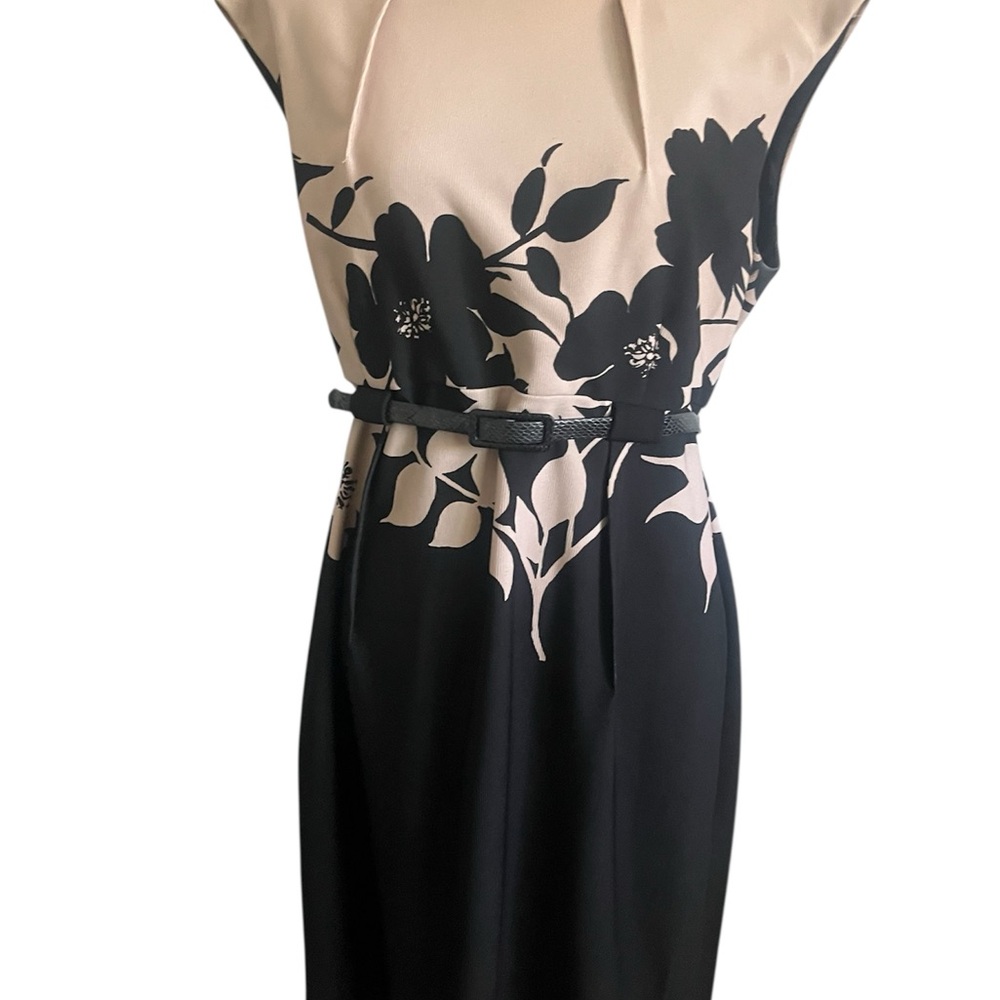 Connected Apparel Black and Cream Floral Midi Dress